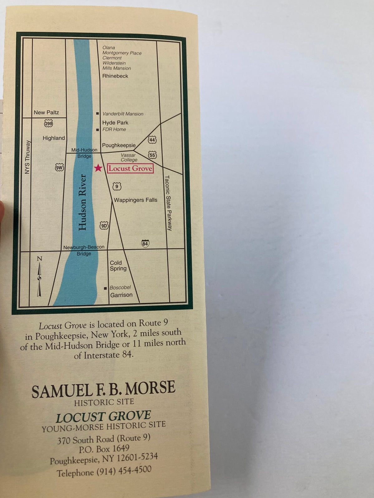 1997 Program Samuel F.B. Morse Historic Site map page illustrating the location of Locust Grove in Poughkeepsie, New York, providing directions and nearby landmarks.