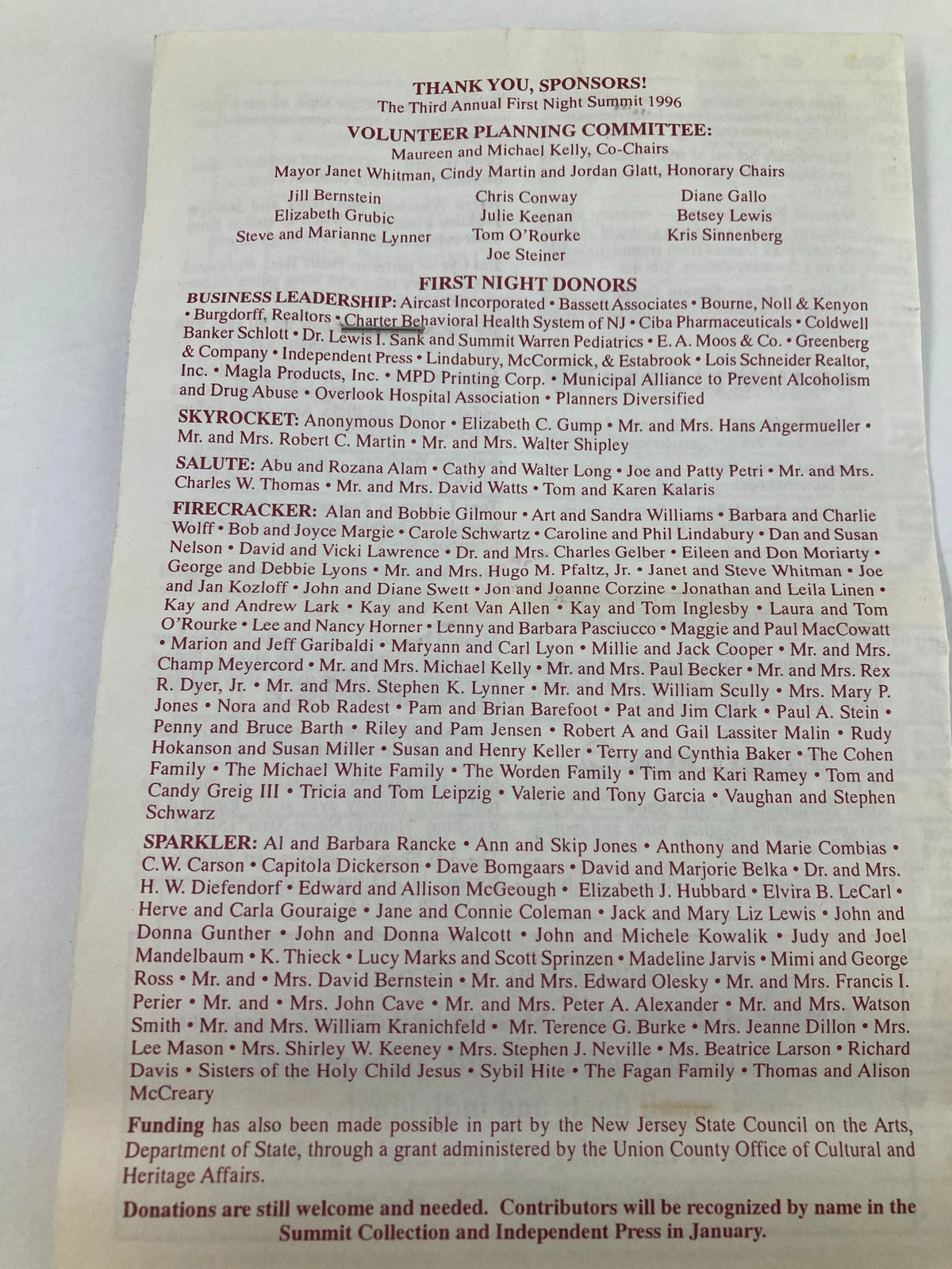A page from the 1996 Program First Night Summit A Non-Alcoholic Celebration showcasing sponsors and contributors, highlighting community support.