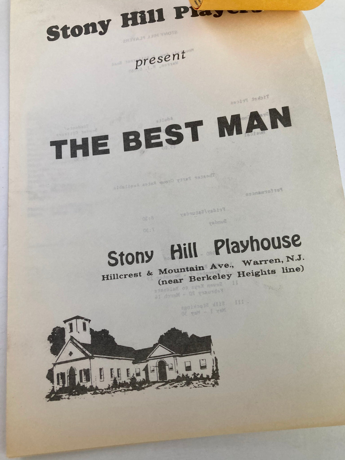 1980 Program for 'The Best Man' by Gore Vidal, presented by Stony Hill Players. The cover features the title prominently and includes an illustration of the Stony Hill Playhouse.