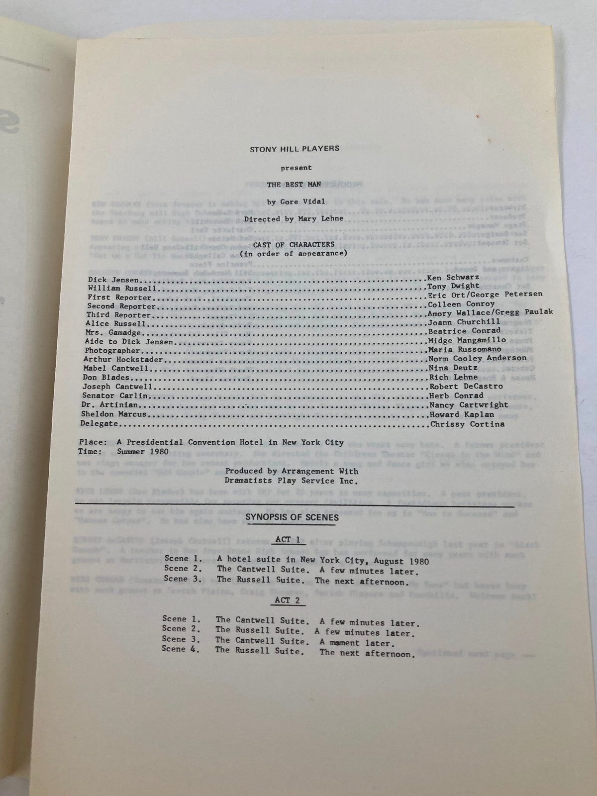 Inside page of the 1980 Program for 'The Best Man' by Gore Vidal, detailing the cast of characters and the synopsis of scenes for the production presented by Stony Hill Players.