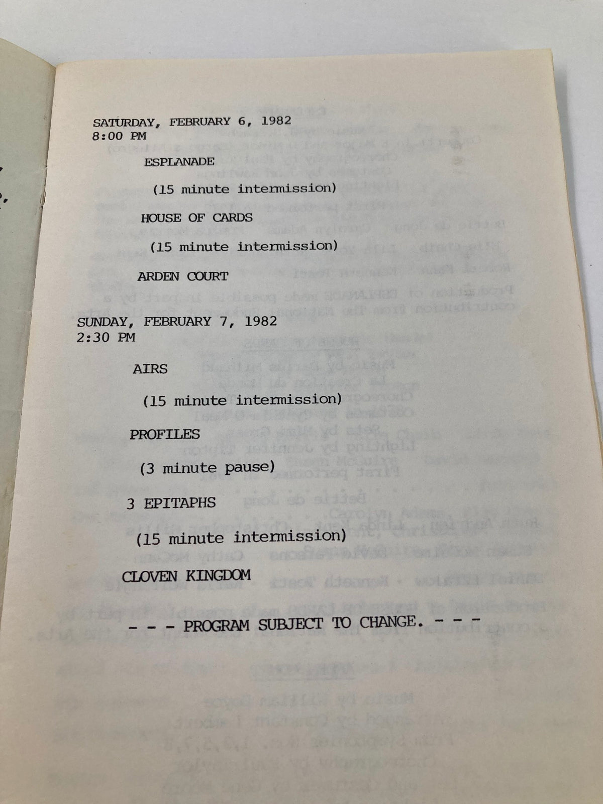 Interior page of the 1982 Program Montclair State College Presents Dance U.S.A. listing the performance schedule and intermissions.