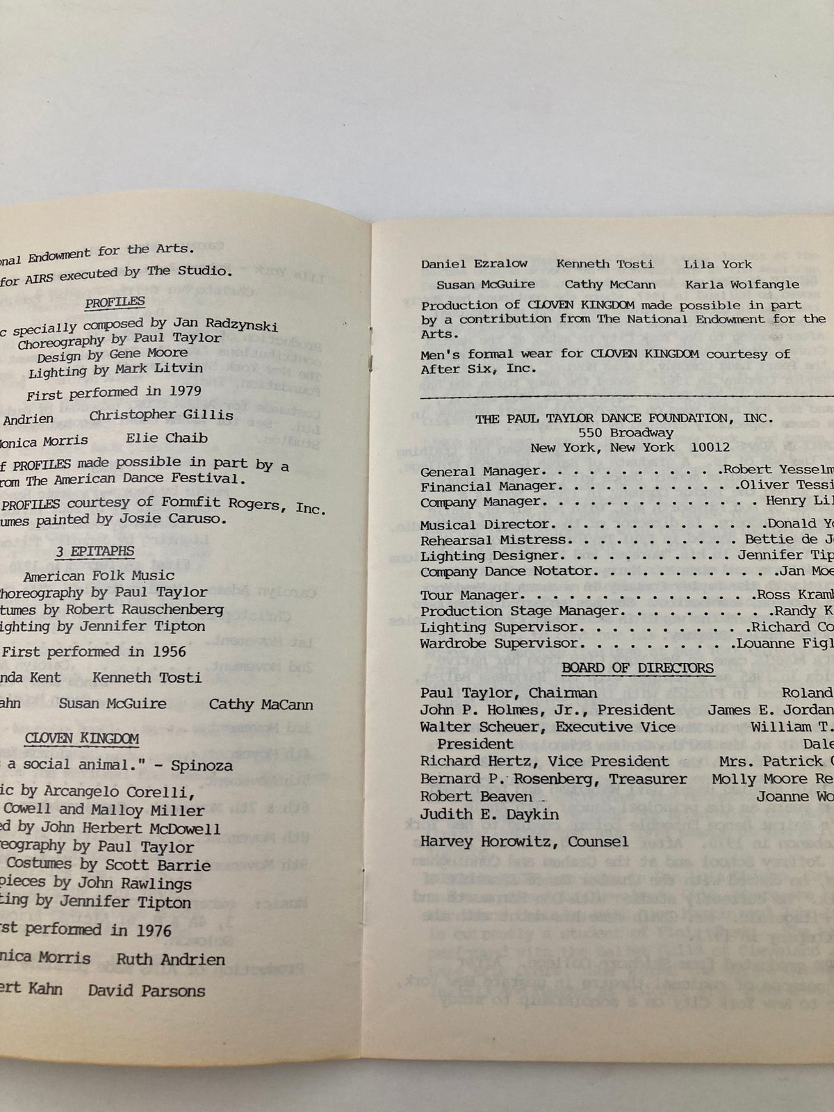1982 Program Montclair State College Presents Dance U.S.A. - An interior view showing performance credits, staff details, and production acknowledgments in a vintage program.