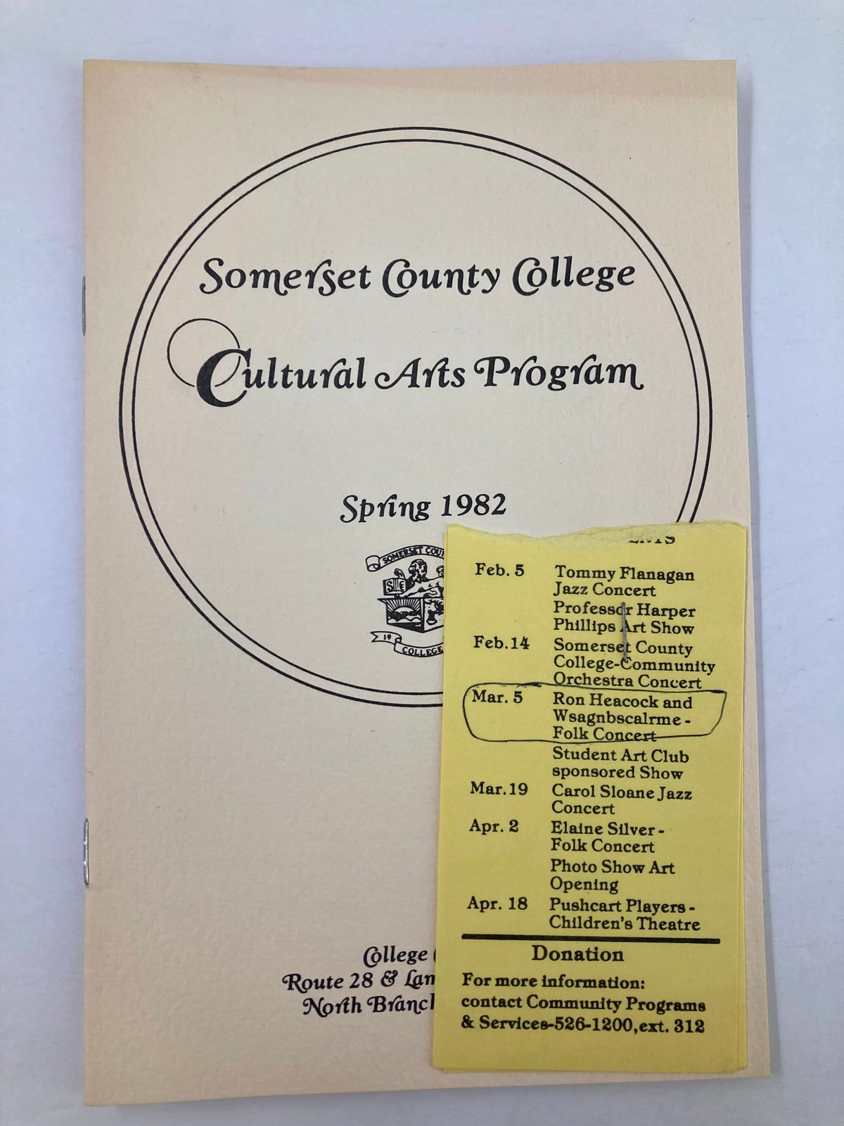 1982 Spring Cultural Arts Program featuring Tommy Flanagan Jazz Concert, showing the front cover of a cultural arts booklet with event dates included.