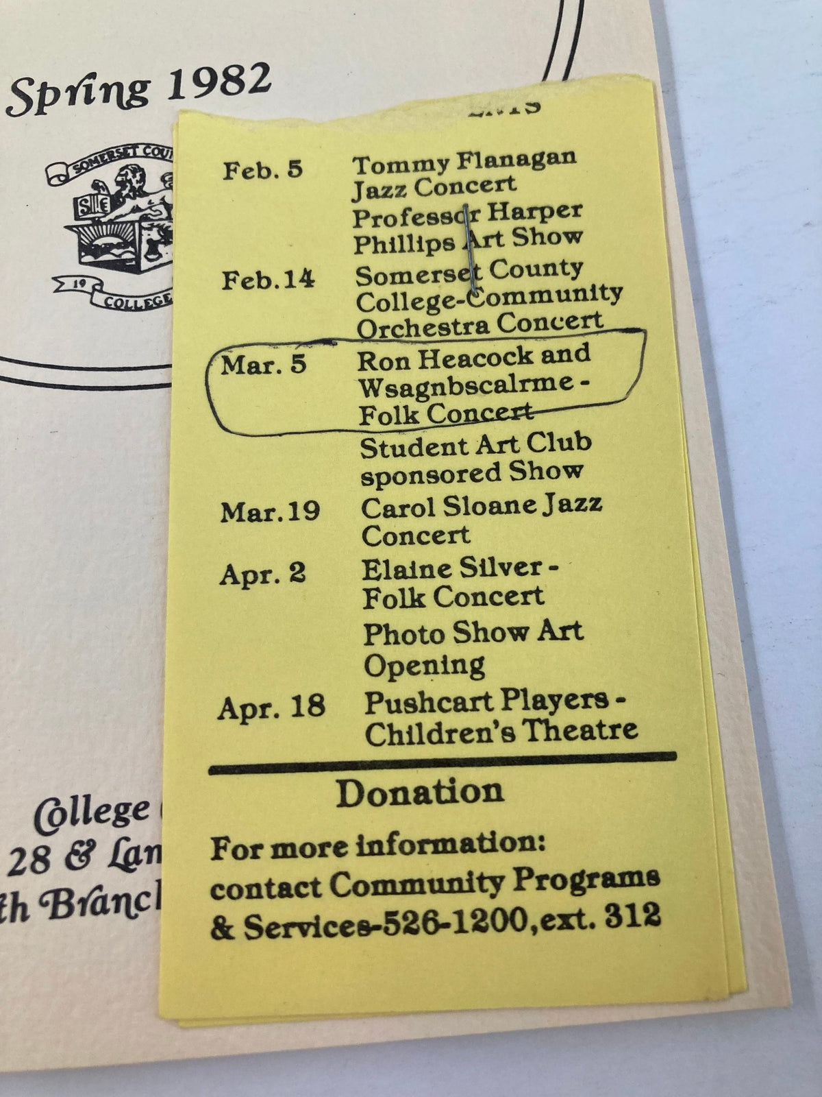 1982 Spring Cultural Arts Program listing events including Tommy Flanagan Jazz Concert, highlighting additional performances and details on a yellow insert in the program.