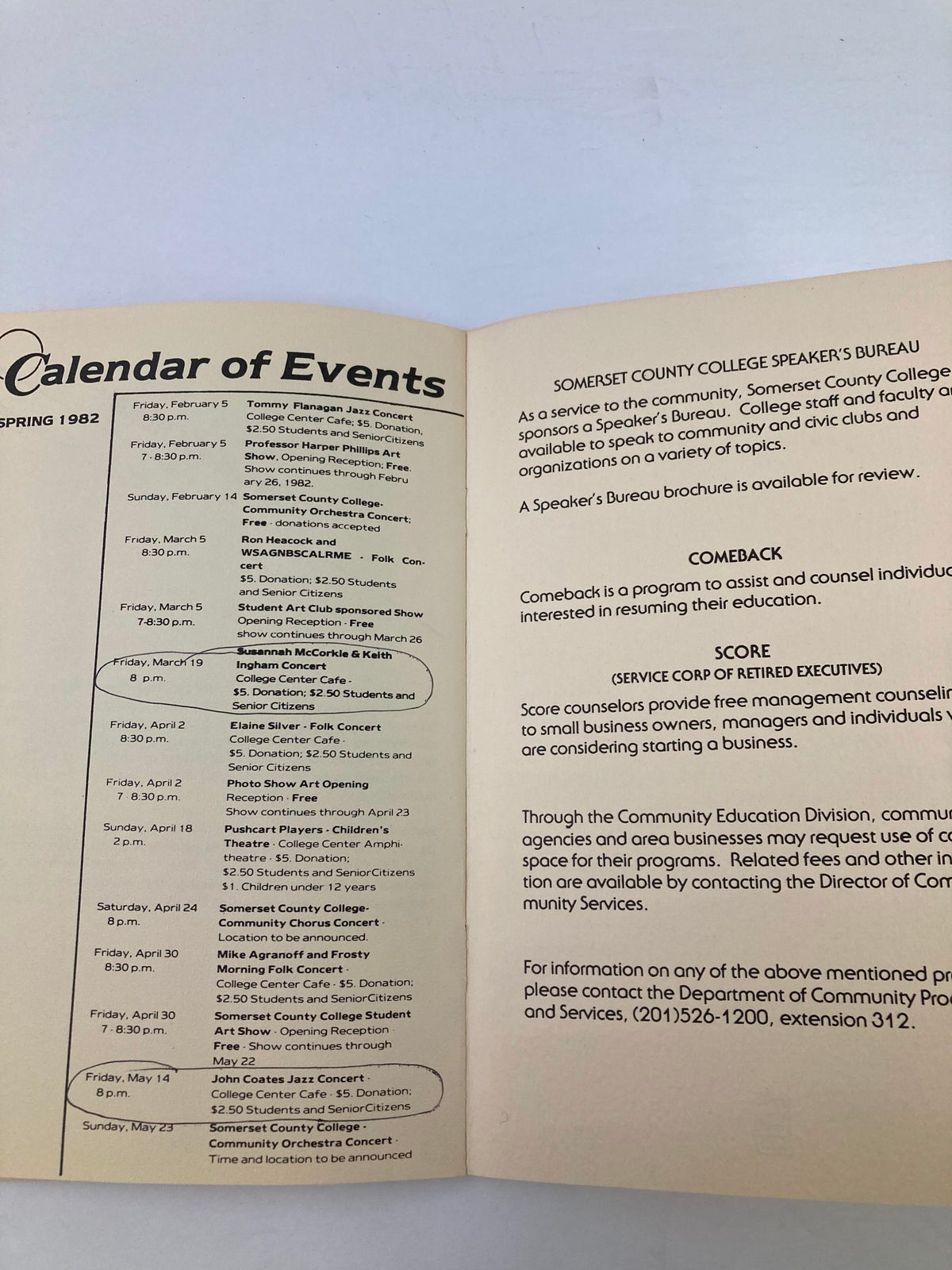 1982 Spring Cultural Arts Program Calendar of Events listing various activities including the Tommy Flanagan Jazz Concert, highlighting the cultural offerings of Somerset County College.