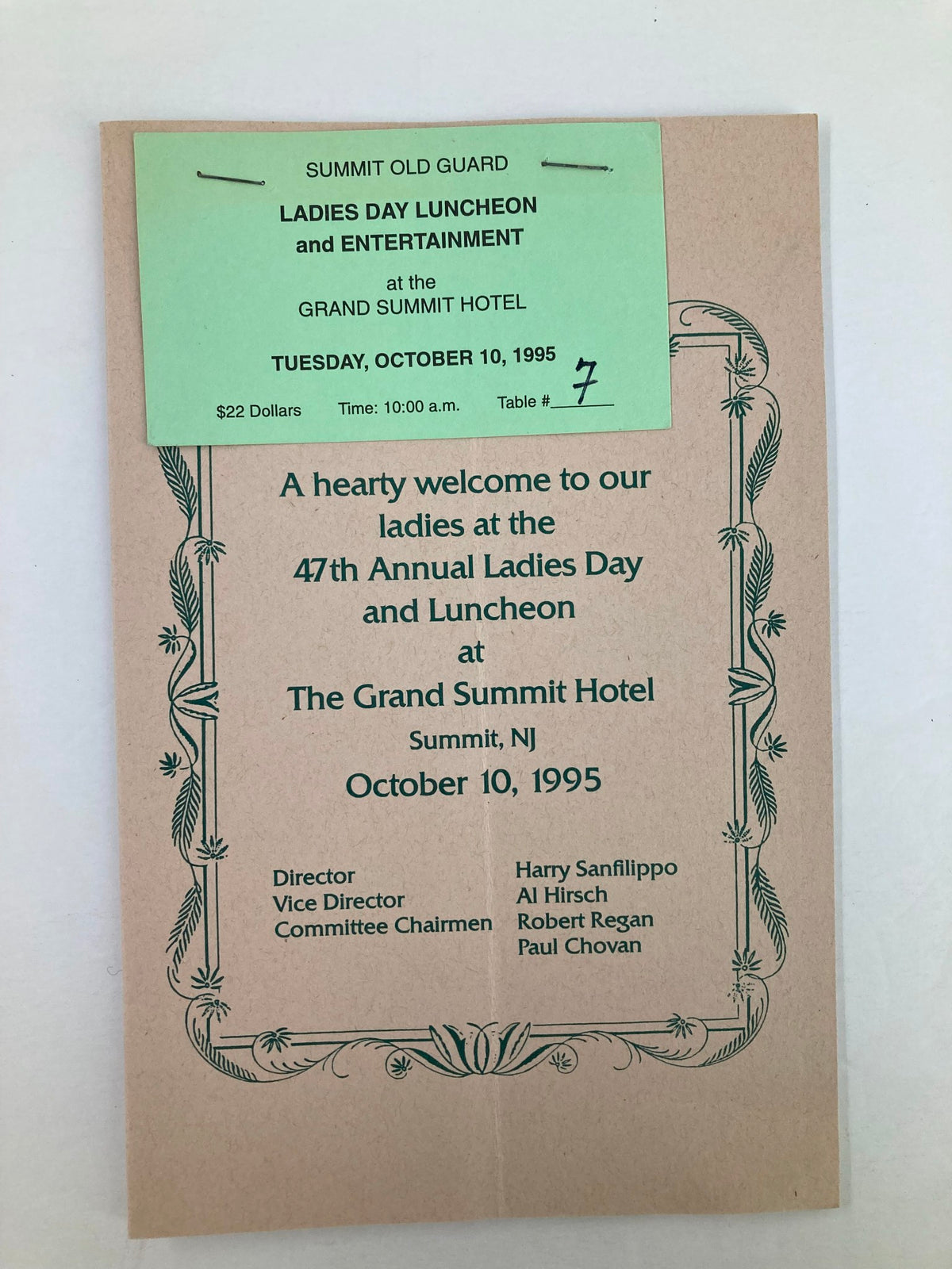 1995 Program Summit Old Guard Ladies Day Luncheon and Entertainment - Front cover showing event details and ticket for the luncheon at Grand Summit Hotel on October 10, 1995.