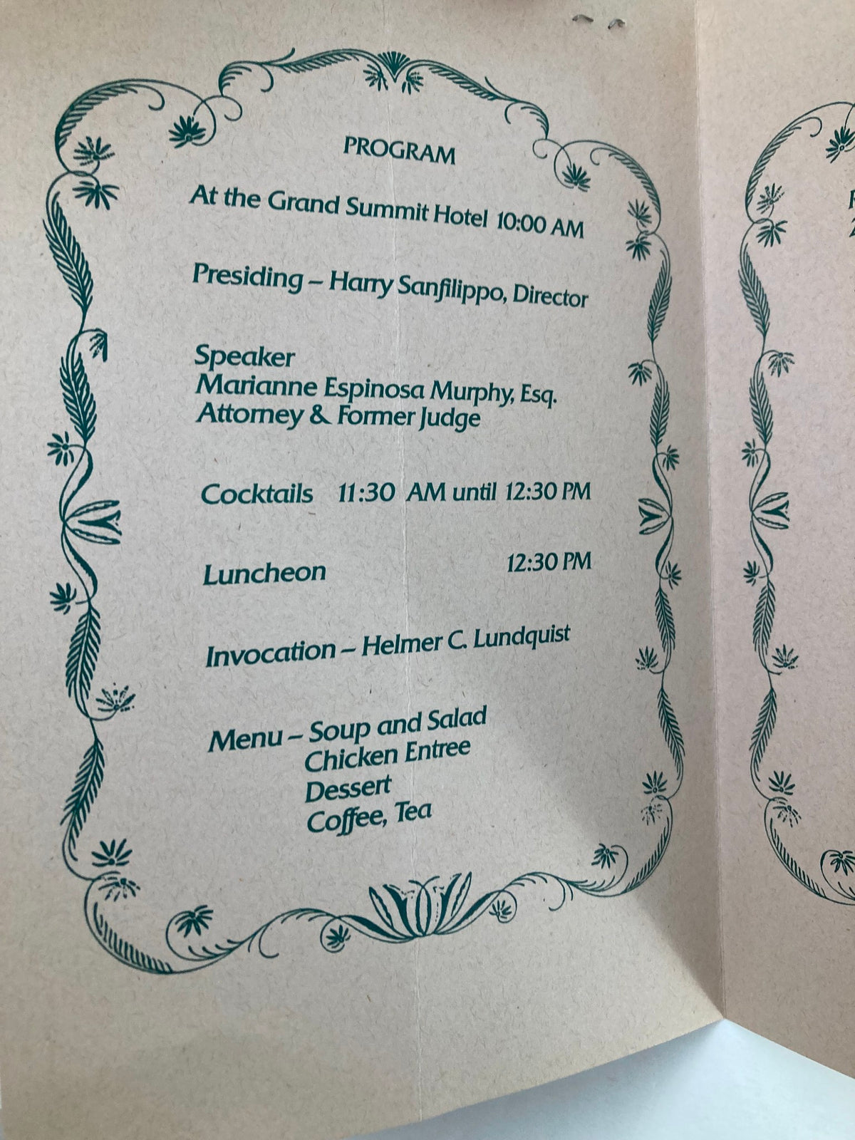 1995 Program Summit Old Guard Ladies Day Luncheon and Entertainment - Inside program detailing the schedule and menu, featuring speaker Marianne Espinosa Murphy and event timings.