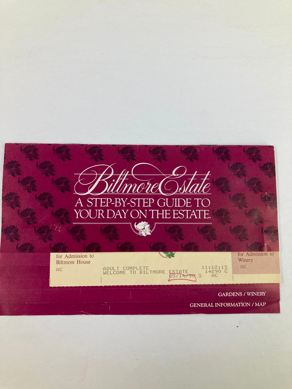 1990 Program Biltmore Estate House, Garden and Winery ticket with detailed information for admission to the estate.