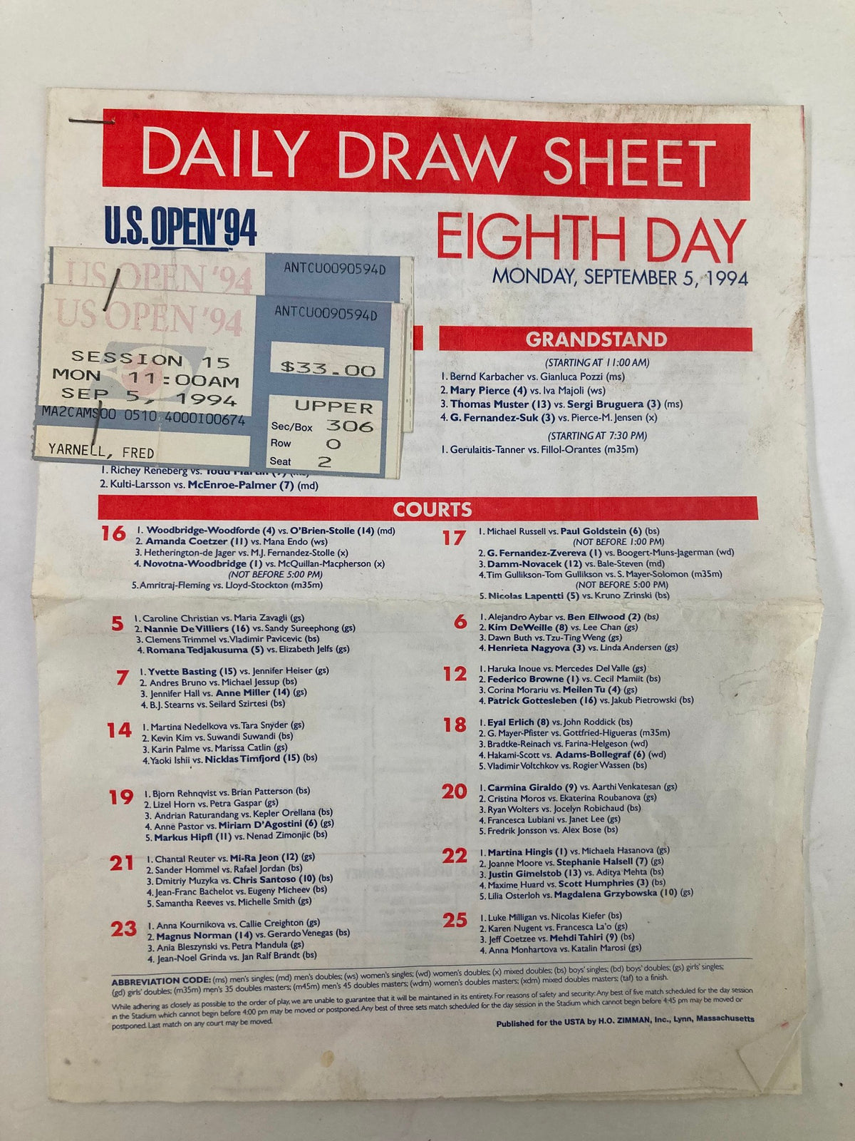 1994 Daily Draw Sheet Program USTA Open Men's Single Championship showcasing the Eighth Day schedule, featuring court assignments, matches, and ticket details.