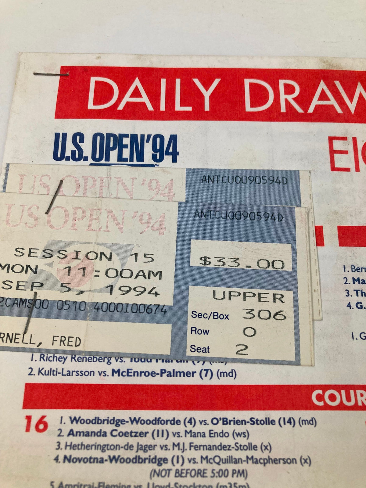 1994 Daily Draw Sheet Program USTA Open Men's Single Championship ticket stub priced at $33 from session 15 on September 5, 1994.