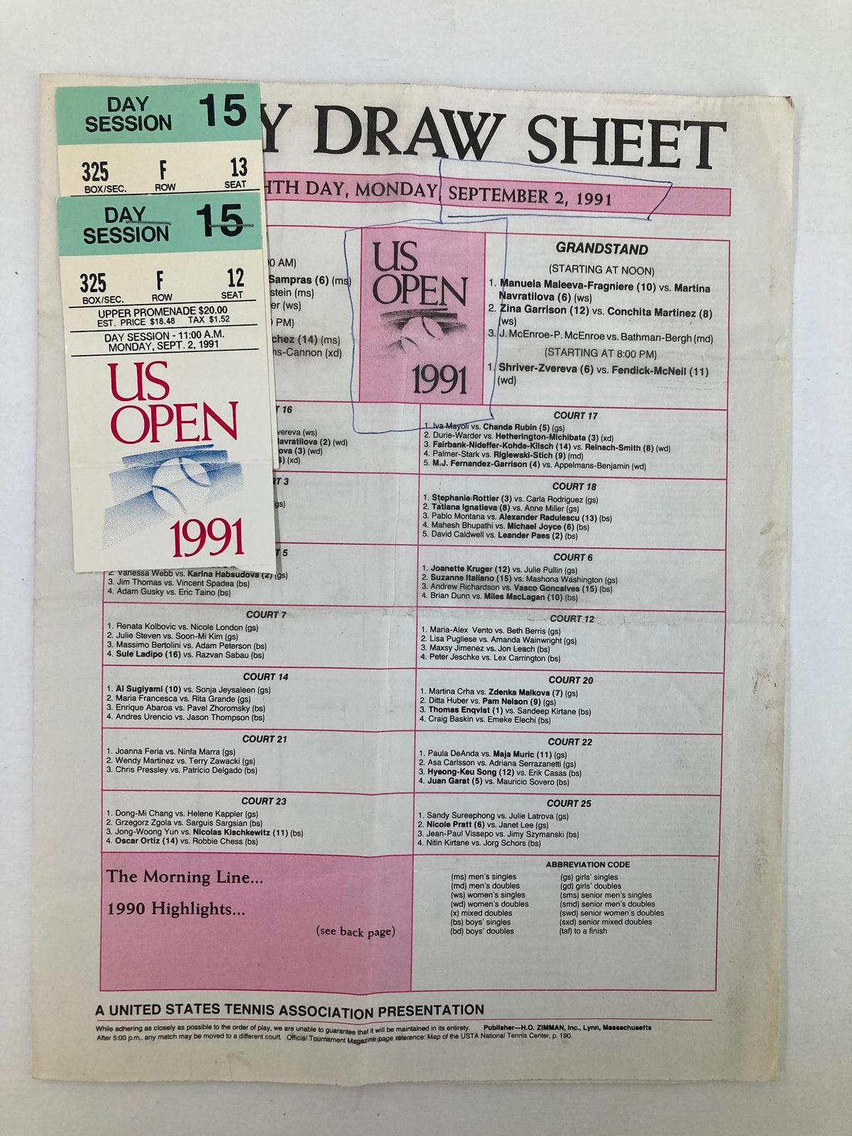 1991 Daily Draw Sheet Program USTA Open Women's Single Championship showing event schedule for September 2, 1991, including match details and session information.