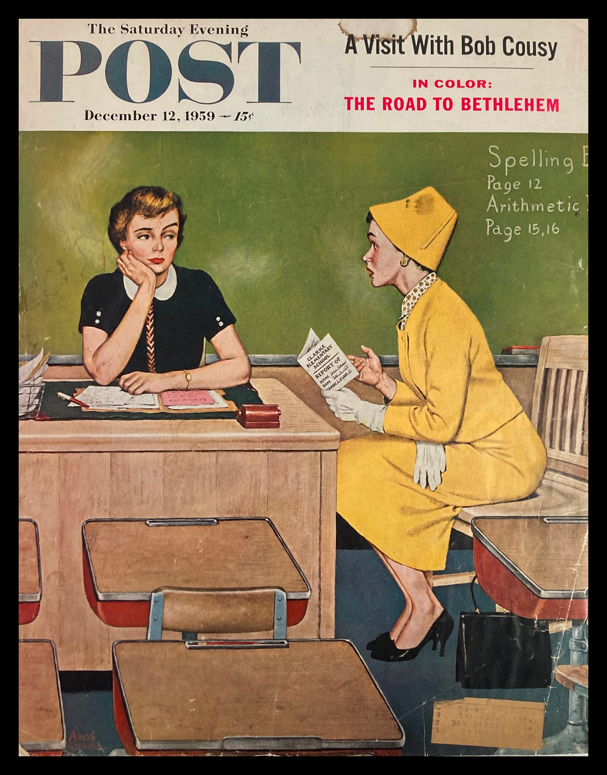 The Saturday Evening Post December 12, 1959 cover featuring the artwork 'The Road to Bethlehem', depicting two women engaged in conversation at a classroom setting with vintage desks.