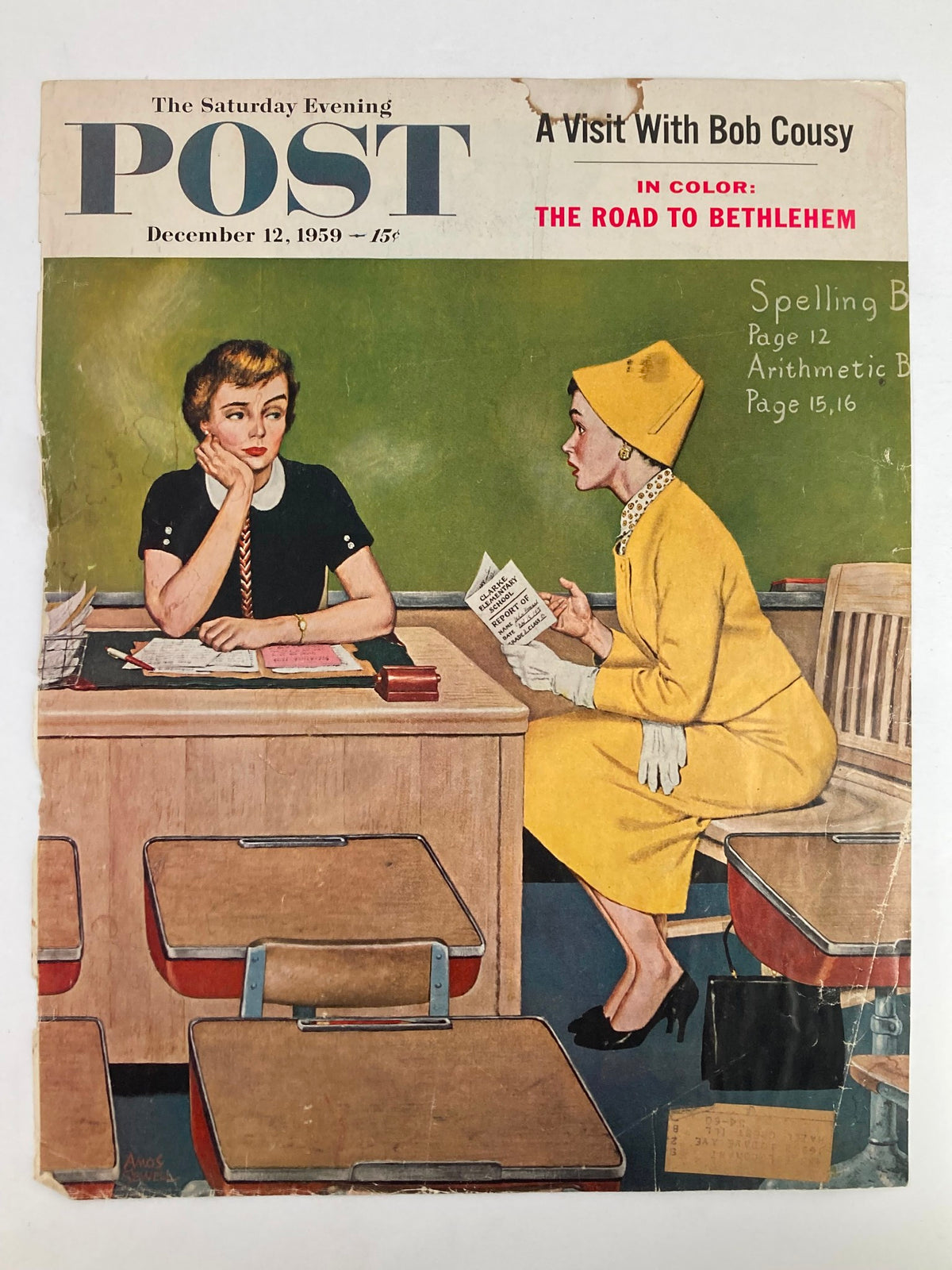 The Saturday Evening Post December 12, 1959 magazine cover showcasing 'The Road to Bethlehem', illustrating a scene with two women, one in a yellow dress, at a desk surrounded by classic school furniture.