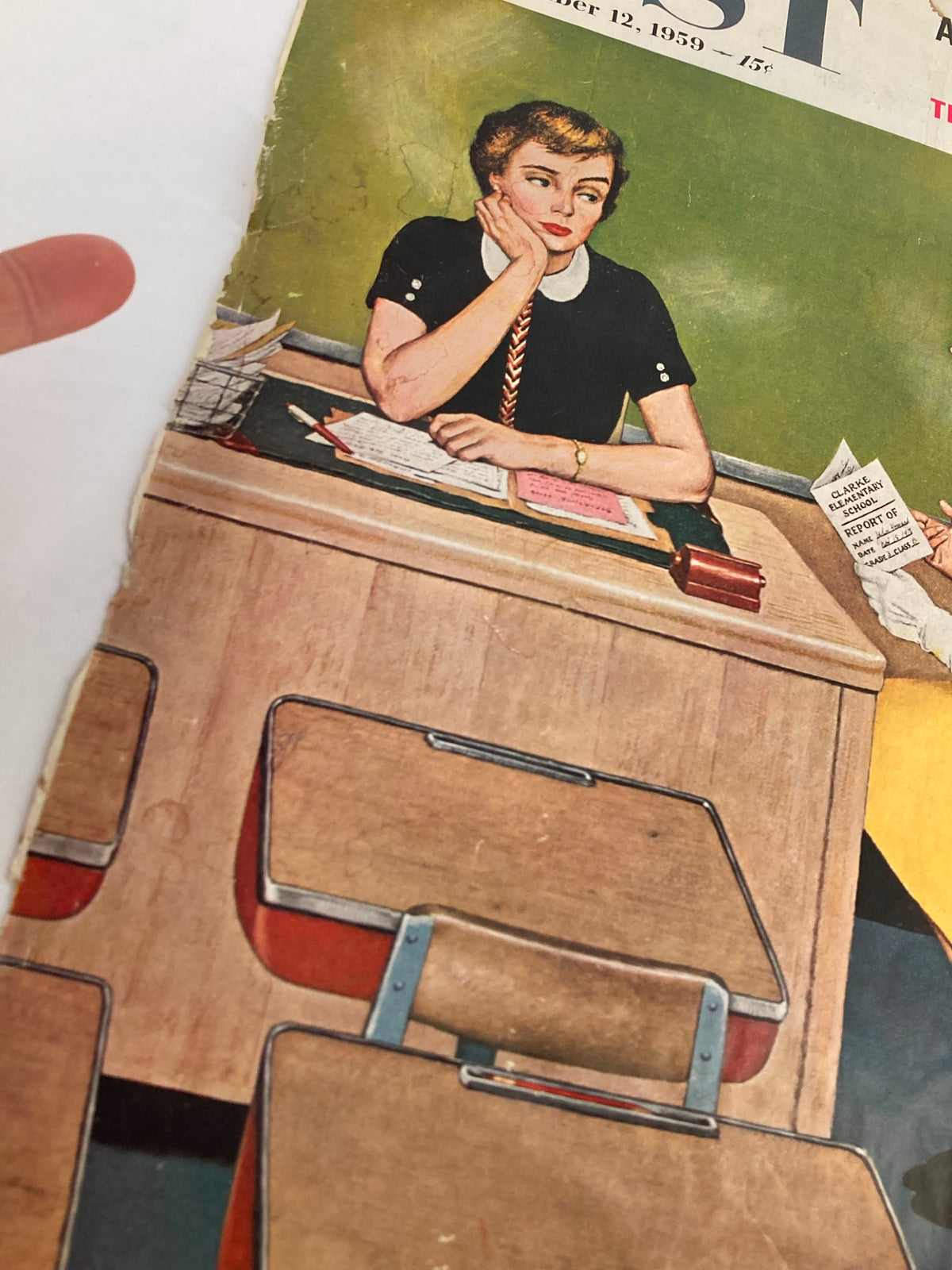 COVER ONLY The Saturday Evening Post December 12 1959 showcasing a thoughtful woman with a retro hairstyle sitting at a desk, surrounded by school materials, set against a green background.