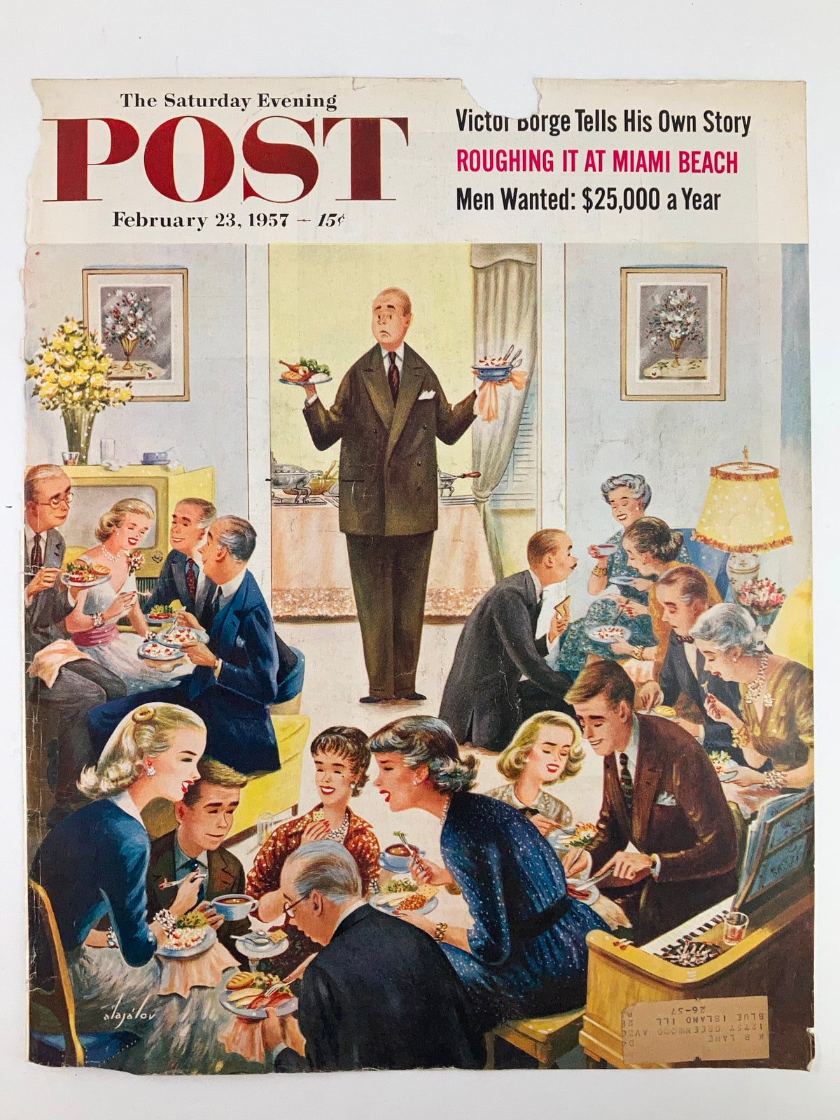 COVER ONLY The Saturday Evening Post February 23 1957, featuring a vibrant illustration of a 1950s dinner party scene with guests enjoying food and drinks, titled 'Roughing It at Miami Beach.'