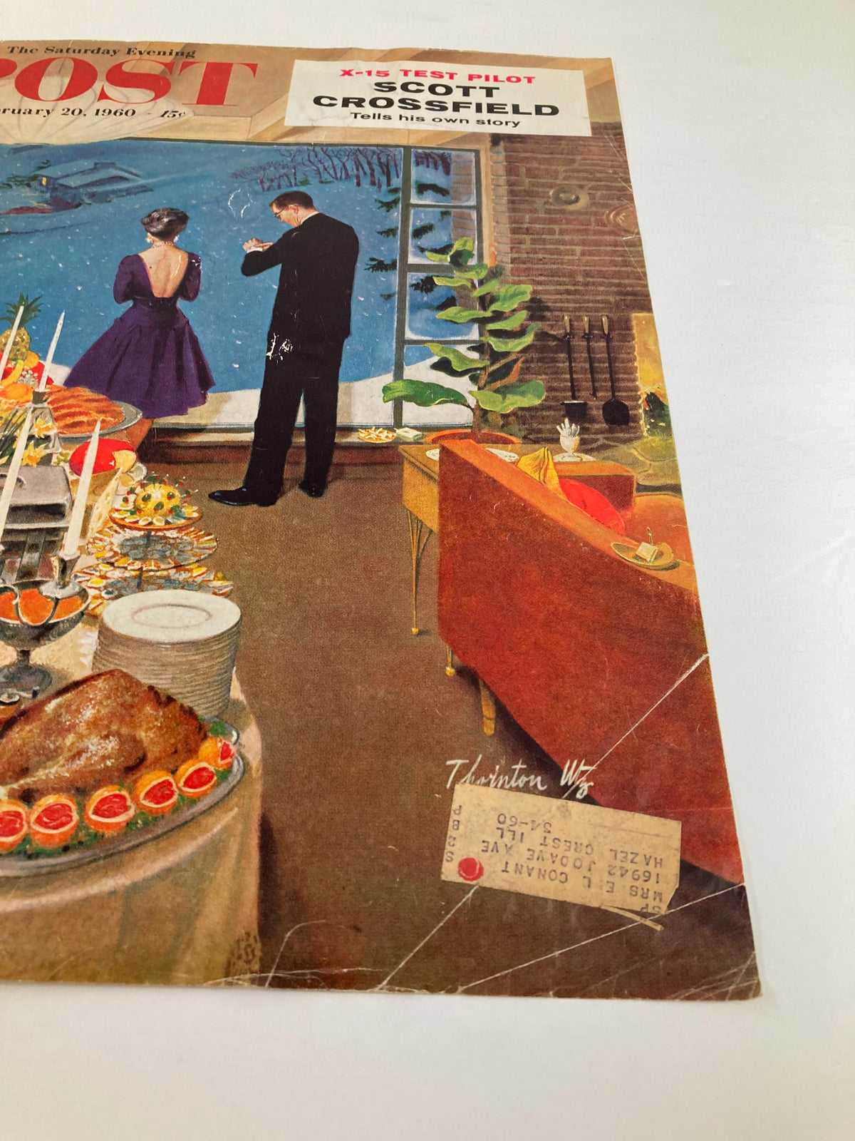 Close-up of the February 20, 1960 cover of The Saturday Evening Post with Scott Crossfield, displaying intricate food details and a nostalgic atmosphere inside a cozy setting.
