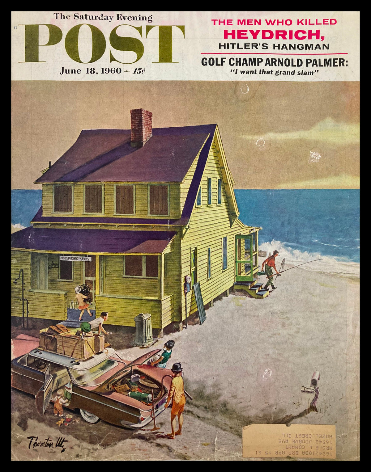 Cover of The Saturday Evening Post dated June 18, 1960 featuring golf champion Arnold Palmer, depicting a seaside scene with a vintage car and people enjoying a day at the beach.