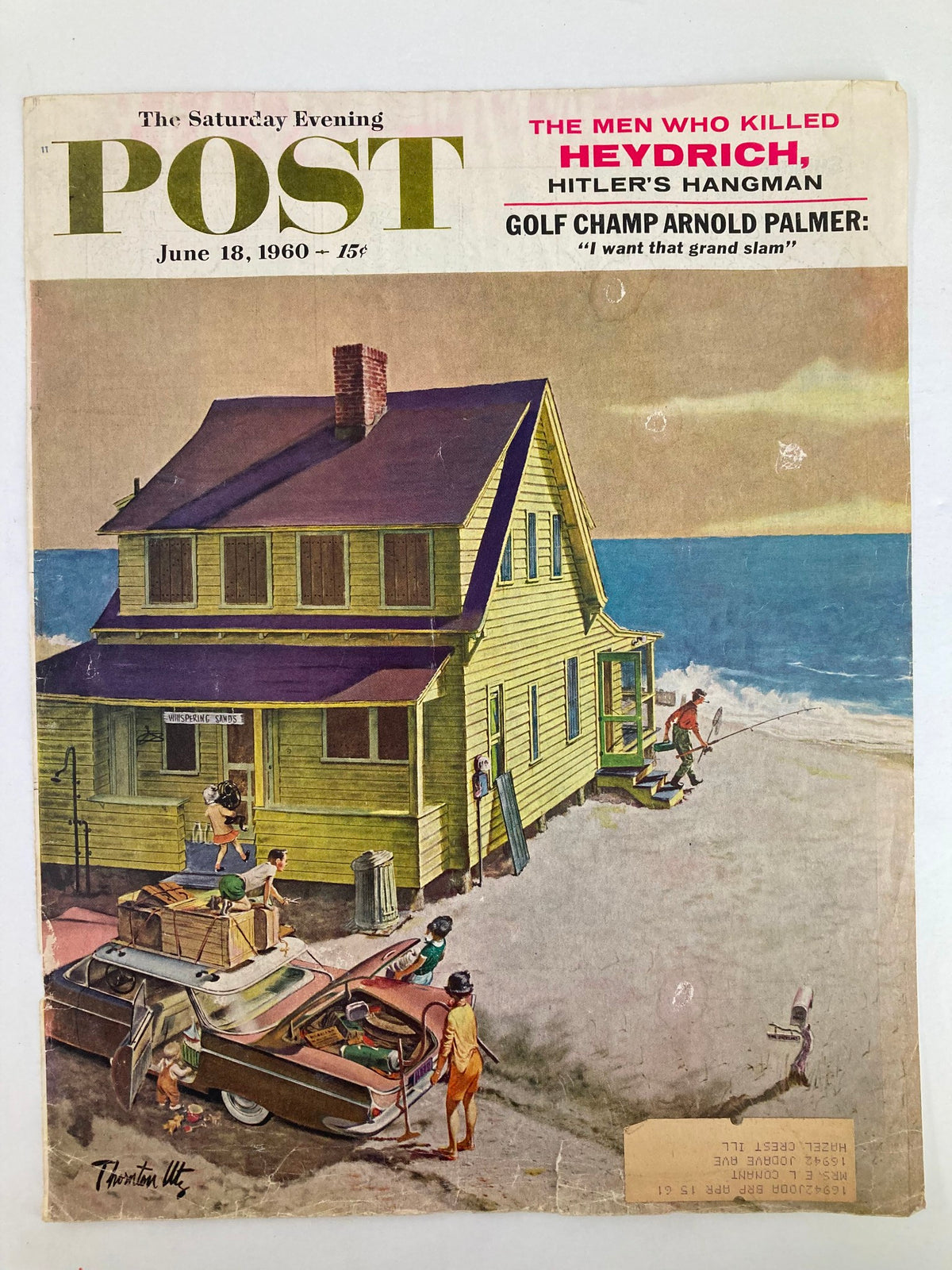 COVER ONLY The Saturday Evening Post June 18 1960 featuring Golf Champ Arnold Palmer, showcasing a vibrant illustration with a yellow house, people engaged in summer activities, and a classic car.