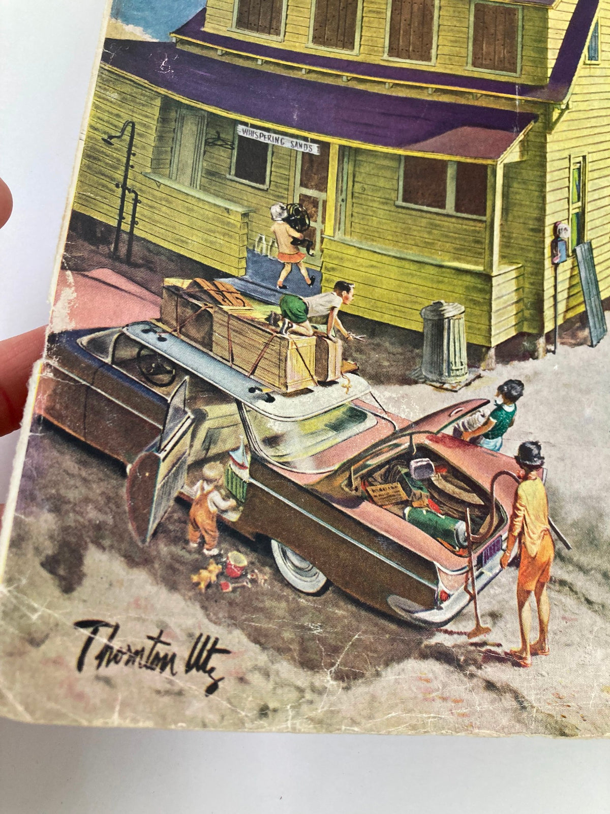 CLOSE UP of the COVER ONLY The Saturday Evening Post June 18 1960, highlighting Golf Champ Arnold Palmer, with detailed view of the yellow house, summer scene, and signature by the artist Thornton Utz.