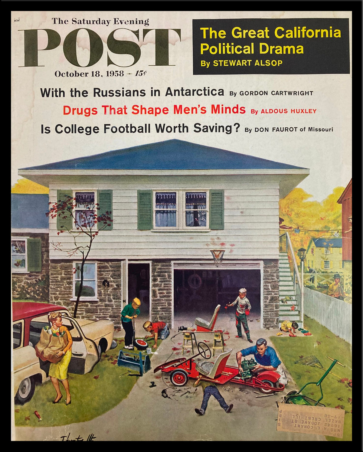 Cover of The Saturday Evening Post dated October 18, 1958, featuring a depiction of California political drama with various characters engaged in activities around a house.