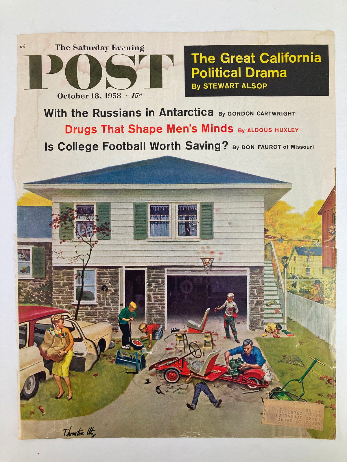 Another view of the cover of The Saturday Evening Post from October 18, 1958, showcasing California political drama, illustrated with scenes depicting community life and activities.