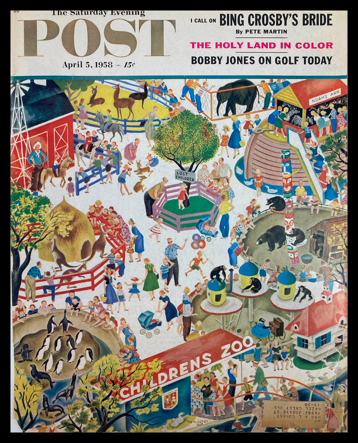 Vintage magazine cover of The Saturday Evening Post dated April 5, 1958, showcasing a colorful illustration of a zoo scene including children, animals, and various attractions.