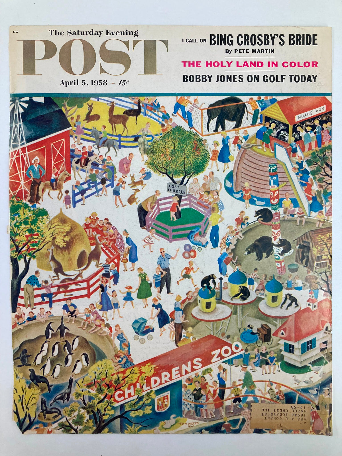 The Saturday Evening Post April 5, 1958 cover featuring a vibrant illustration of a zoo with children interacting with animals and attractions, ideal for vintage magazine collectors.