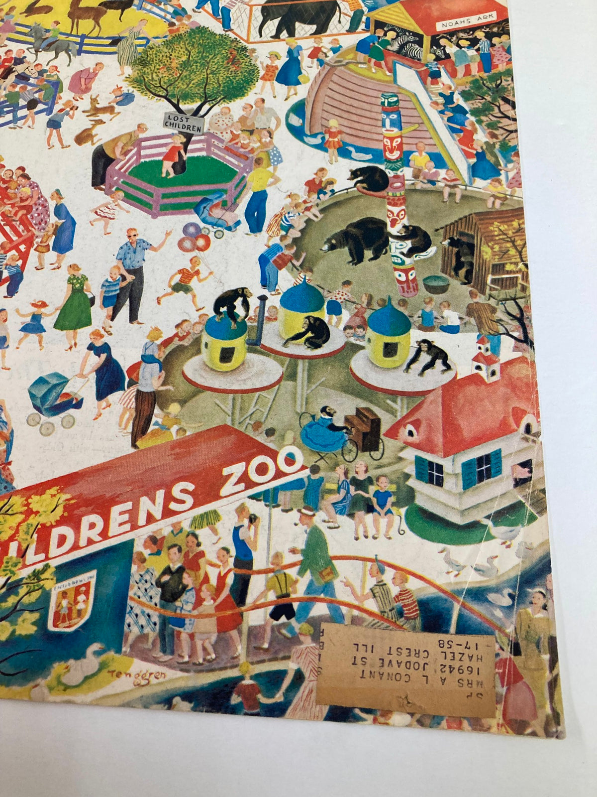 Colorful illustration from the cover of The Saturday Evening Post April 5 1958 featuring a busy children's zoo scene with families, animals, and attractions, showcasing mid-20th-century Americana.