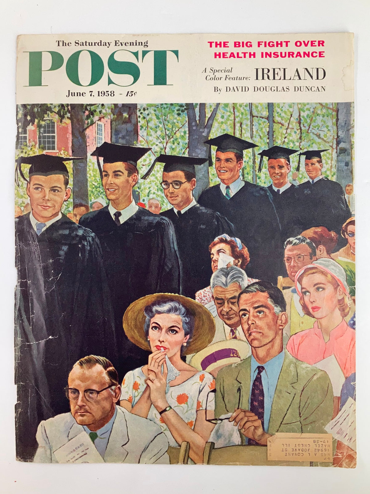 Cover of The Saturday Evening Post from June 7, 1958, depicting graduates at a ceremony and an audience, reflecting on the significant topic of health insurance.