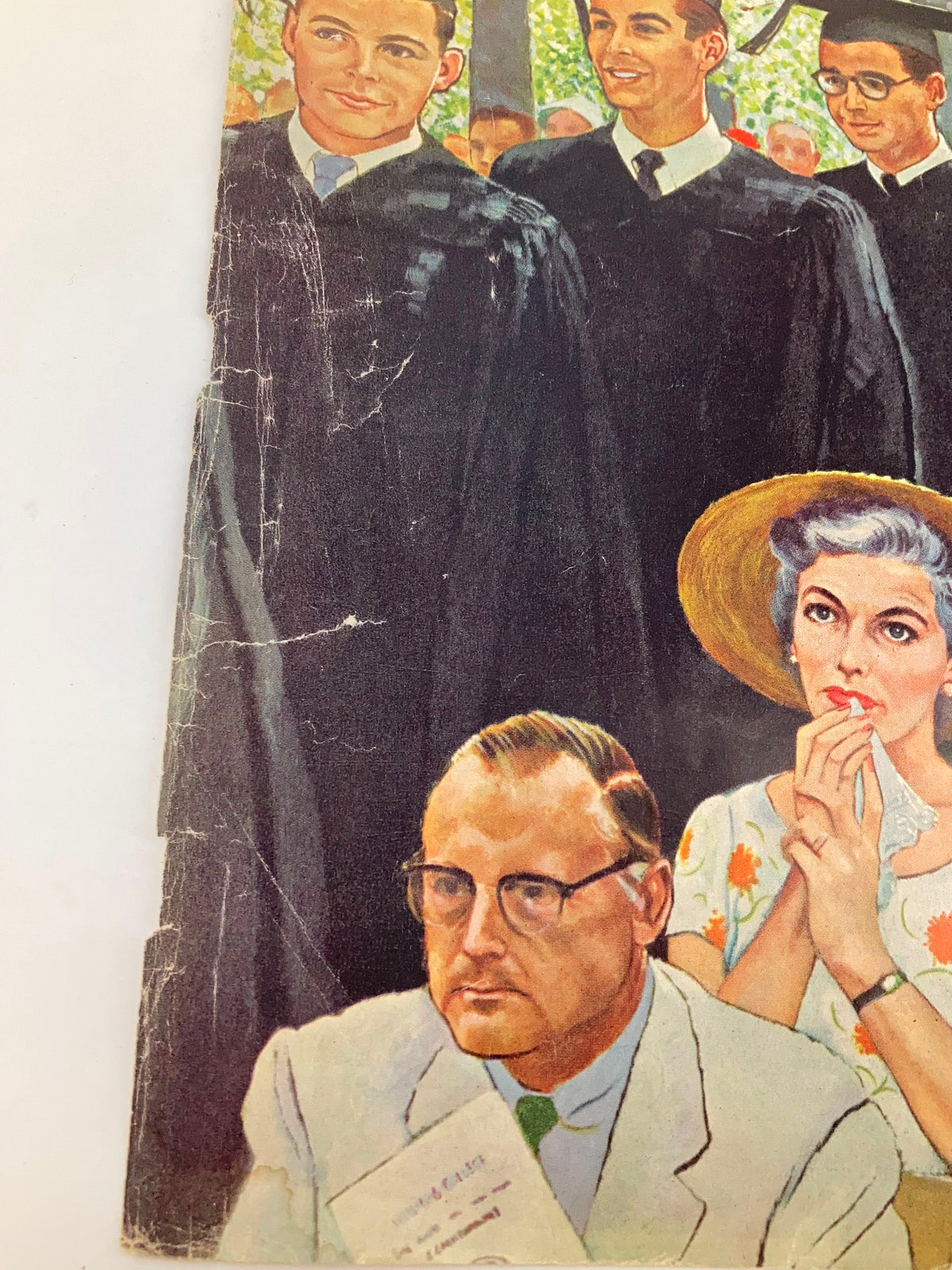Vintage cover of The Saturday Evening Post from June 7, 1958, depicting a graduation scene with multiple male graduates in caps and gowns, including a thoughtful man in a white suit in the foreground.