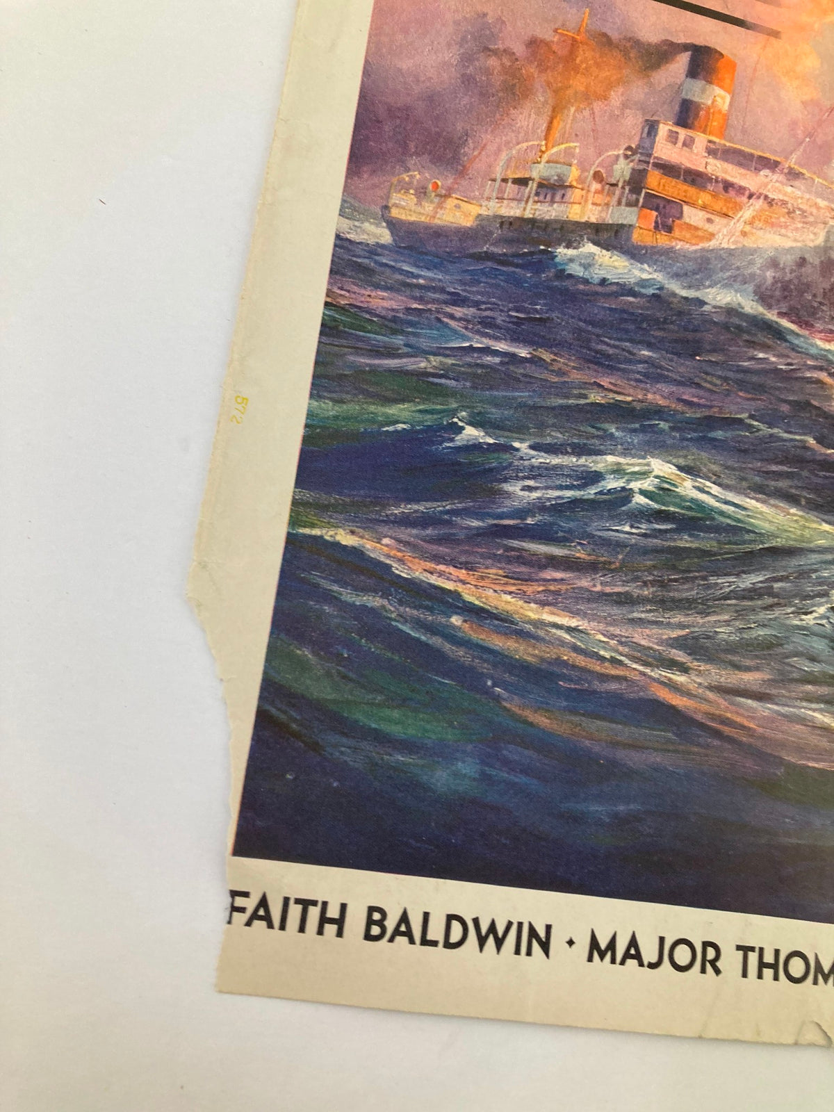 Detail of the vintage magazine cover, The Saturday Evening Post, March 21 1936, showcasing a ship amidst waves, highlighting the works of Faith Baldwin and Major Thomas.