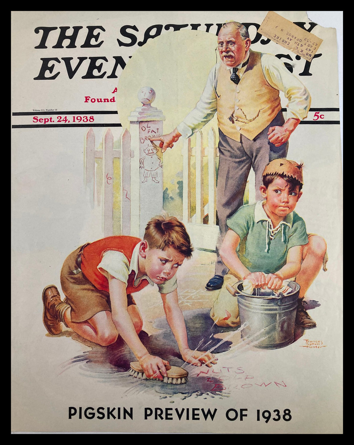 The Saturday Evening Post cover dated September 24, 1938, featuring a dramatic illustration titled 'Pigskin Review of 1938' with children cleaning a porch while an elderly man expresses frustration.