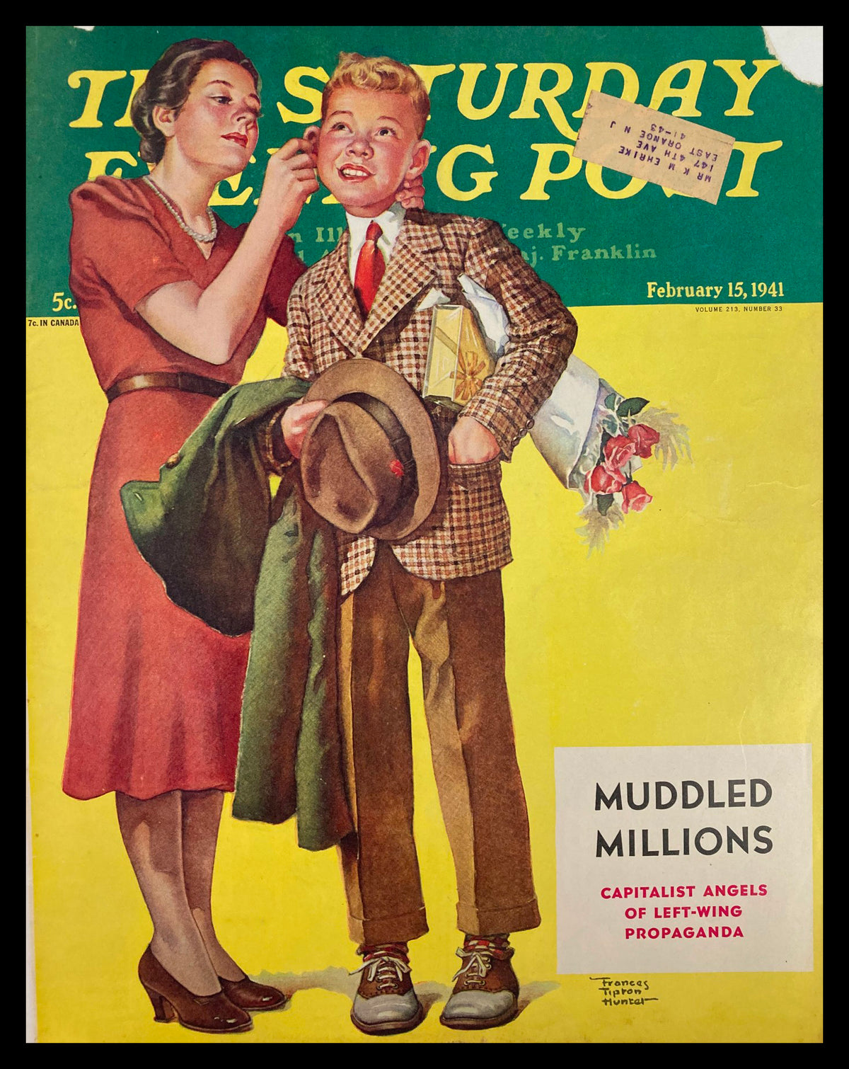 The Saturday Evening Post February 15, 1941 cover featuring the artwork titled Mudded Millions, depicting a woman preparing a boy for a special occasion, showcasing vintage 1940s American style and cultural design.