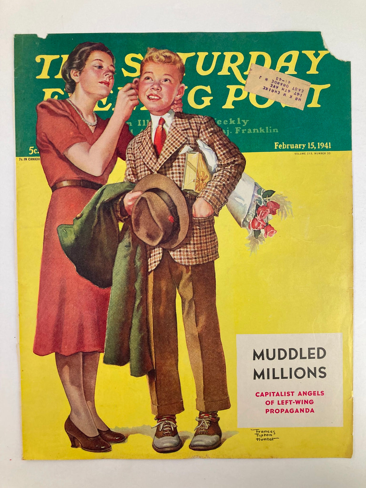 Cover of The Saturday Evening Post dated February 15, 1941 featuring Muddled Millions, depicting a boy in a checkered suit holding a hat and a gift, accompanied by a woman in a red dress.