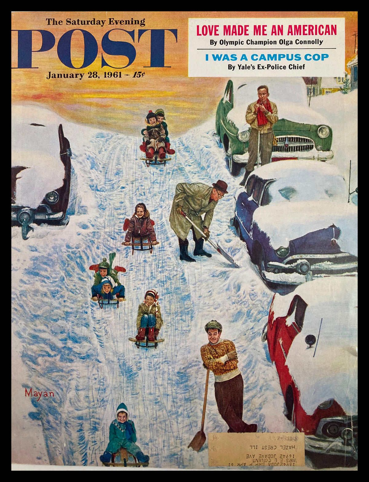 Cover of The Saturday Evening Post from January 28, 1961, titled 'I Was A Campus Cop', featuring a winter scene with children sledding and snow-covered cars.