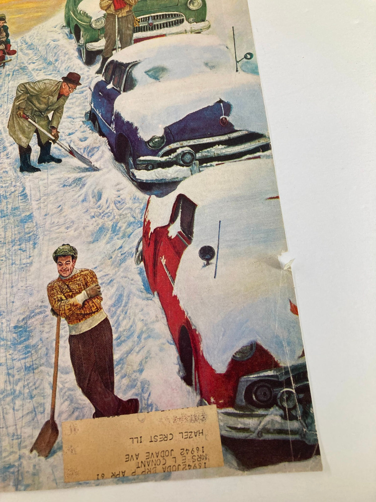 Cover image from The Saturday Evening Post January 28, 1961, titled 'I Was A Campus Cop,' featuring a snowy street scene with cars covered in snow and a man shoveling snow, representing vintage Americana.