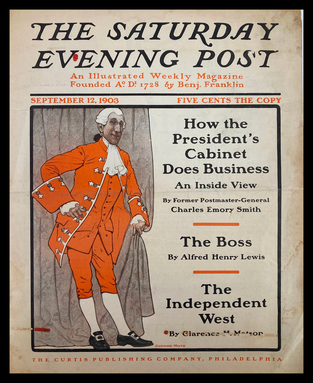 COVER ONLY of The Saturday Evening Post from September 12, 1903, featuring a historical illustration and headline content about the President's Cabinet, The Boss, and The Independent West.