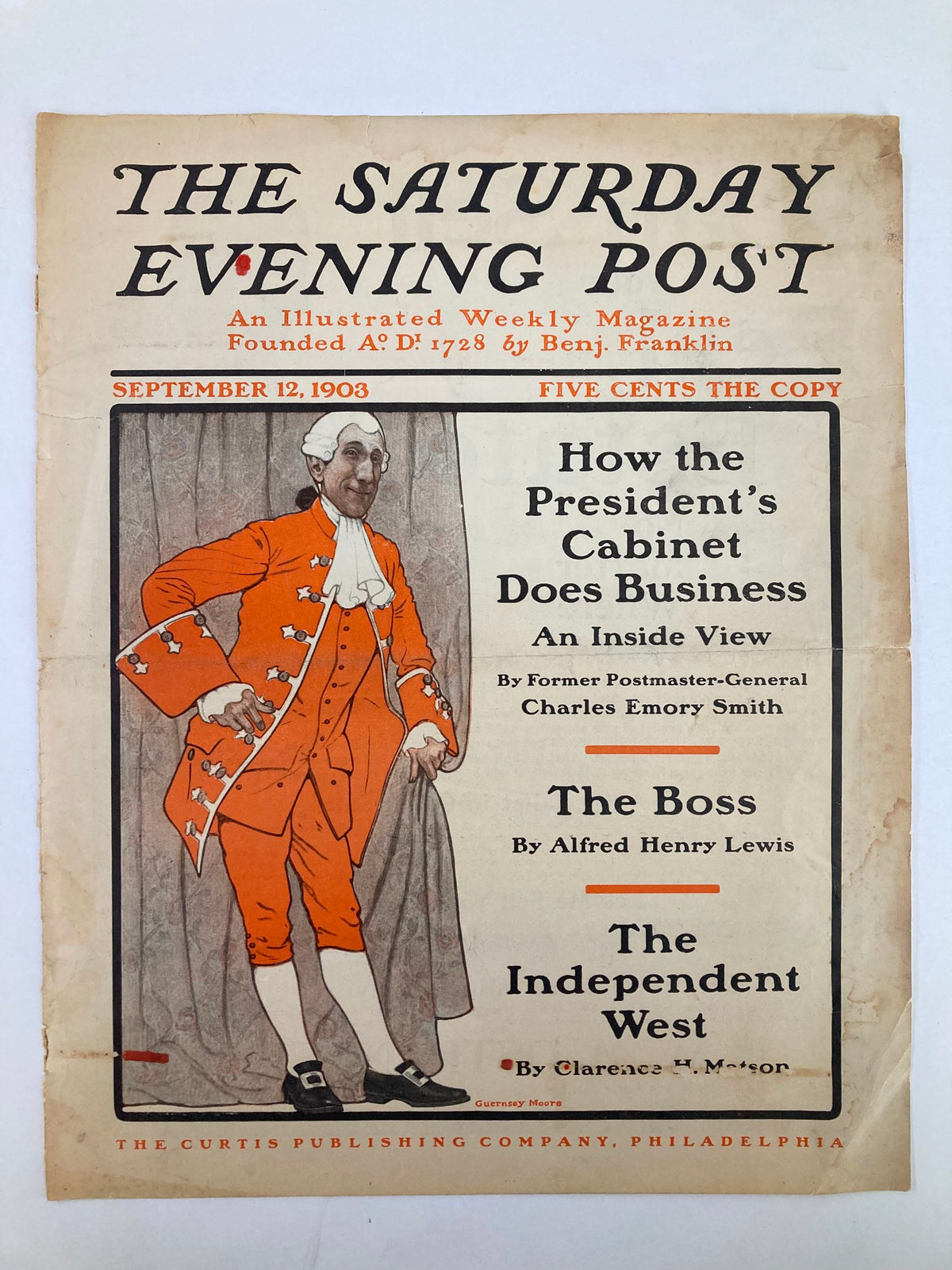 COVER ONLY of The Saturday Evening Post dated September 12, 1903, showcasing a vintage design with articles on political themes and a prominent illustration of attire reflecting the era.