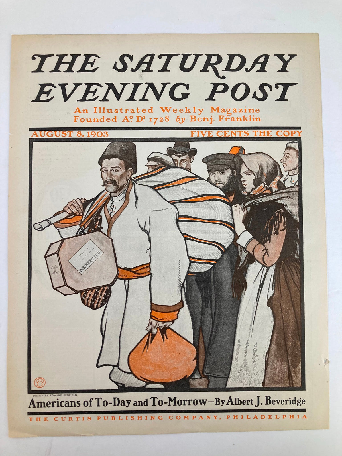 The Saturday Evening Post cover from August 8, 1903, highlighting 'Americans of Today & Tomorrow'. The artwork illustrates a scene with a man carrying a drum and individuals in period attire, reflecting the artistic style of the early 1900s.