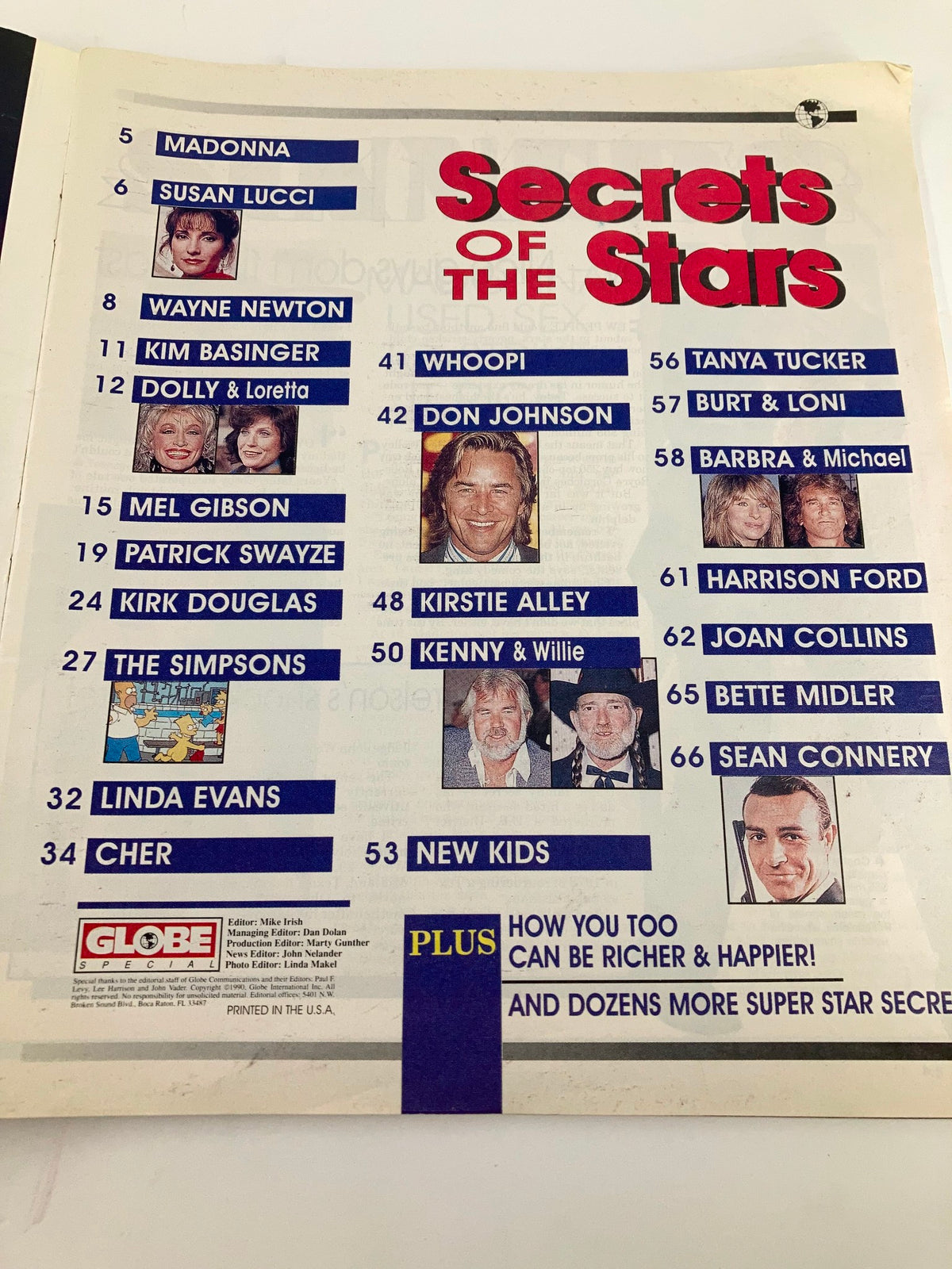 Contents page of VTG Globe Magazine 1990 titled 'Secrets of the Stars' featuring celebrities like Cher, Patrick Swayze, and Madonna, highlighting various articles and their positions.