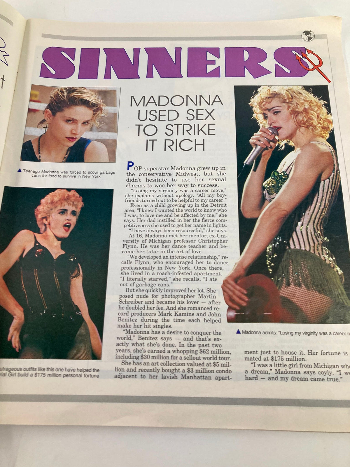 Article on Madonna in VTG Globe Magazine 1990 titled 'Sinners', detailing her rise to fame and financial success through bold choices.