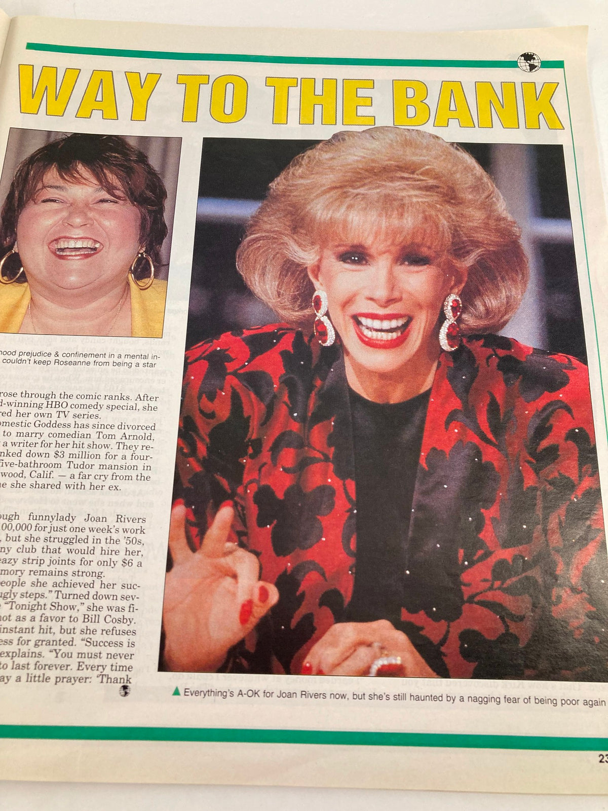 Feature on Joan Rivers in VTG Globe Magazine 1990 titled 'Way to the Bank', exploring her journey in comedy and her rise to prominence.