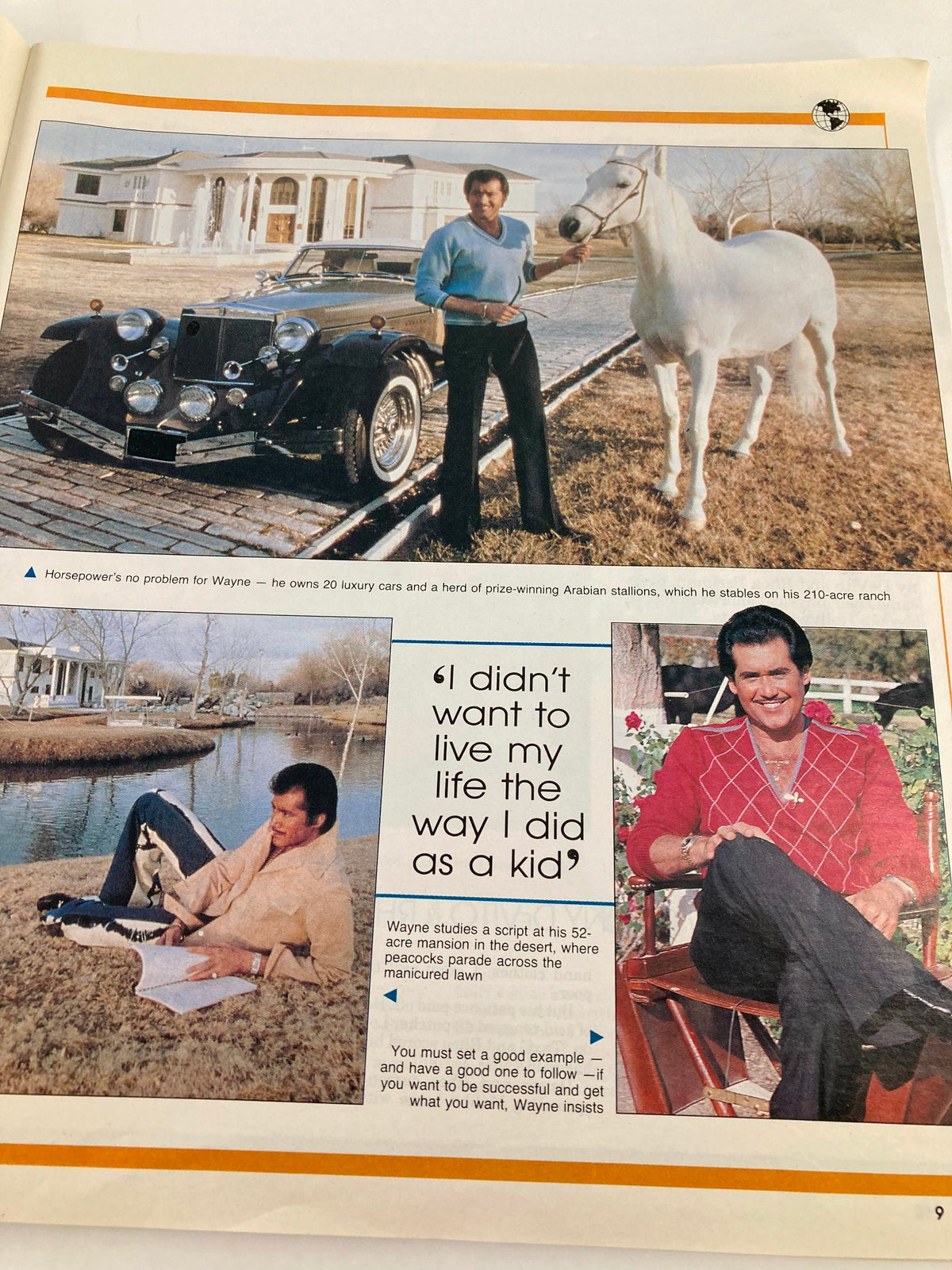 Wayne Newton in VTG Globe Magazine 1990, showcasing his luxurious lifestyle and success in the entertainment industry.