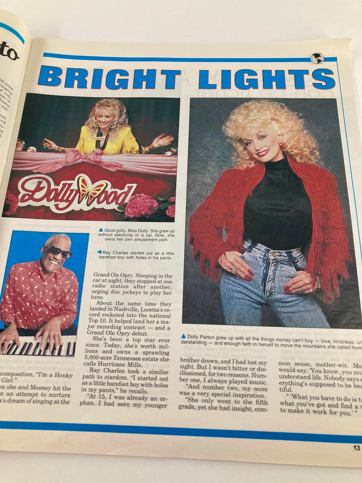 Page from VTG Globe Magazine 1990 titled 'Bright Lights' featuring Dolly Parton at Dollywood and a portrait of her in a red outfit, showcasing the iconic star's influence in pop culture.