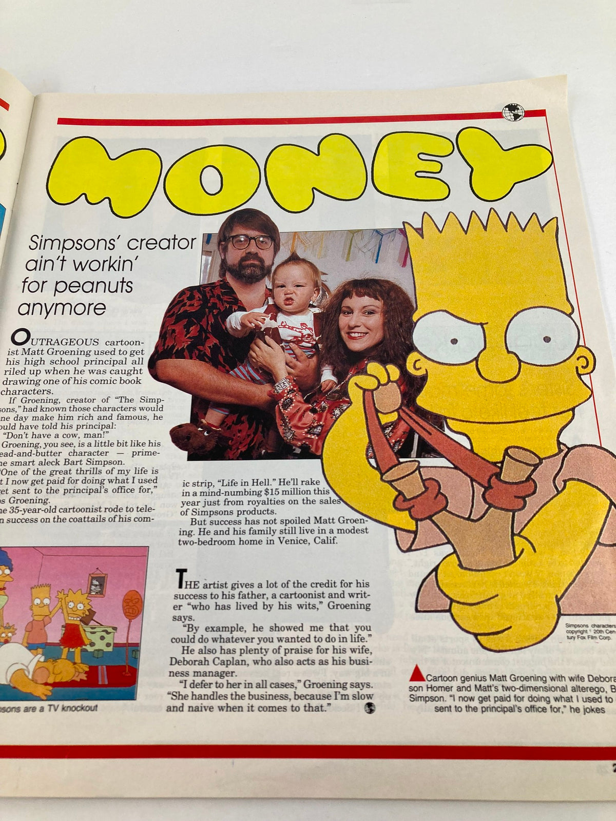 Page from VTG Globe Magazine 1990 titled 'Money' featuring Matt Groening, the creator of The Simpsons, with family, highlighting his success and the comic's evolution.