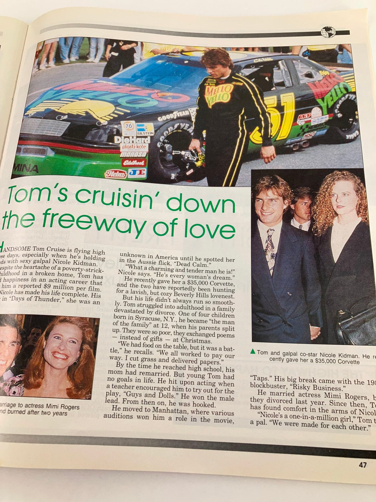 Page from VTG Globe Magazine 1990 titled 'Tom's cruisin’ down the freeway of love' featuring Tom Cruise in racing attire and a photo with Nicole Kidman, reflecting on their Hollywood romance.
