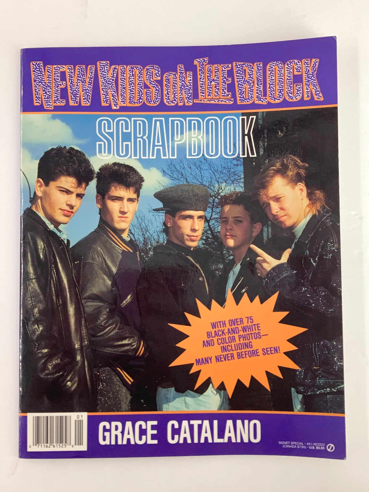 Cover of '1990 New Kids On The Block Scrapbook by Grace Catalano' featuring the band against a vibrant background.