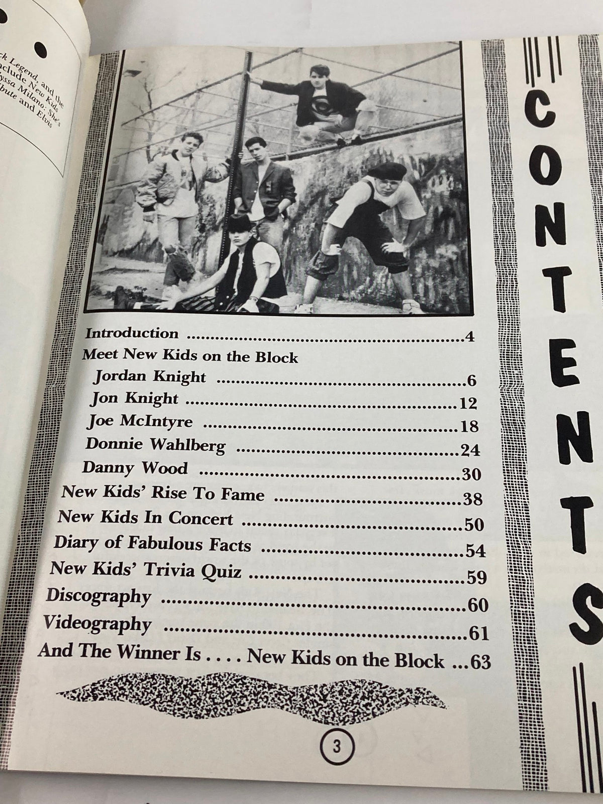 Table of contents from '1990 New Kids On The Block Scrapbook by Grace Catalano' listing various sections including introductions and discography.