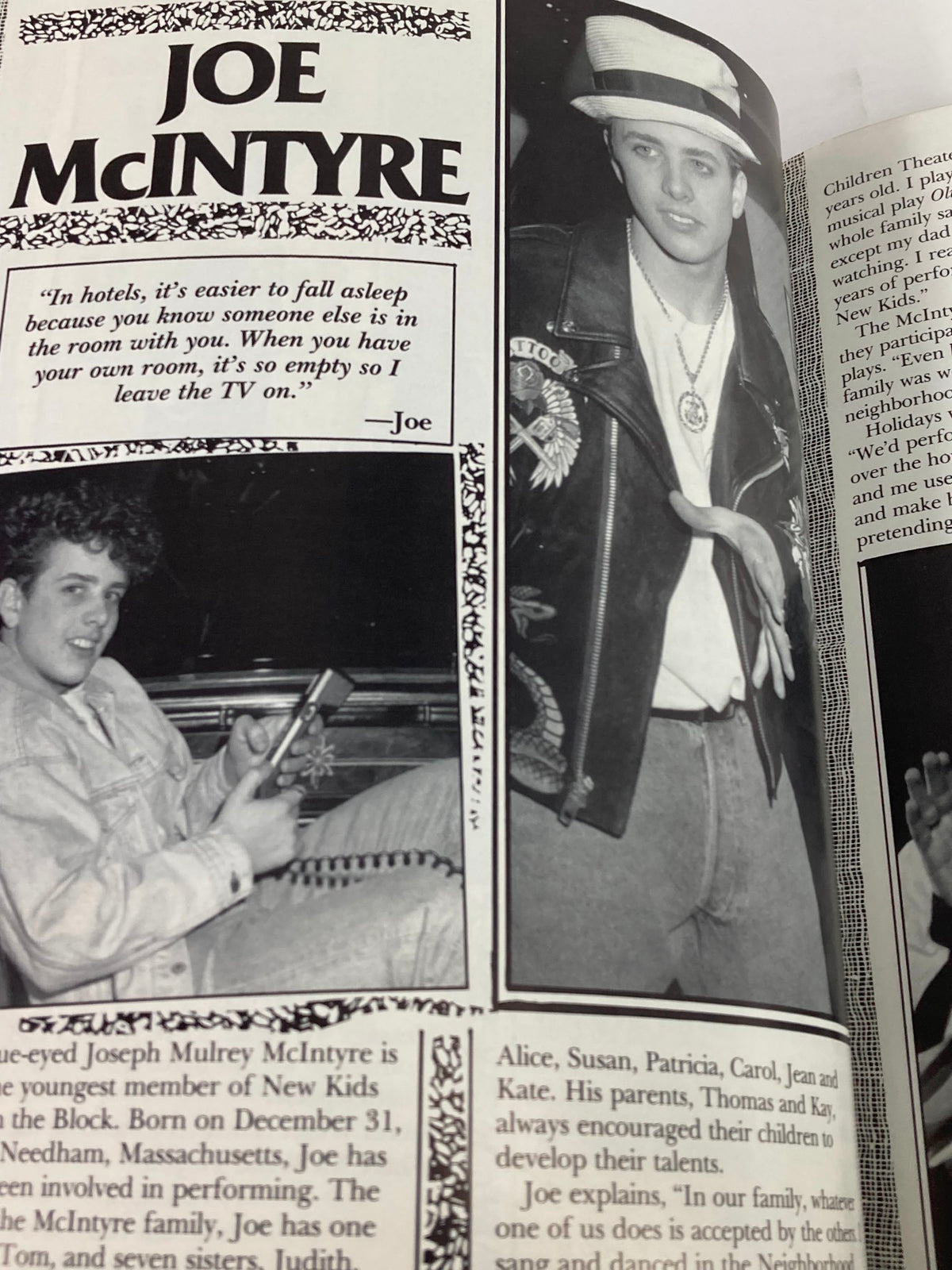 Image of Joe McIntyre in the 1990 New Kids On The Block Scrapbook by Grace Catalano, featuring a profile and his insights on fame.