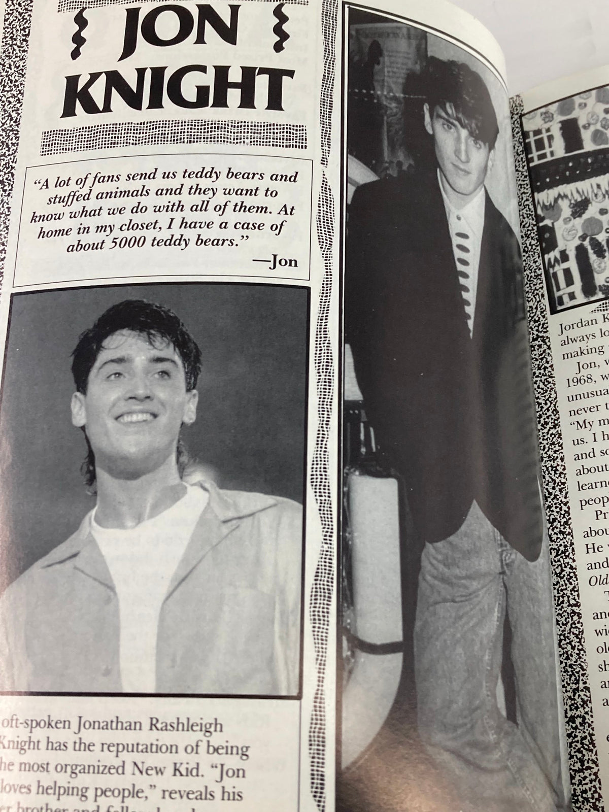 Image of Jon Knight from the 1990 New Kids On The Block Scrapbook by Grace Catalano, including a quote and his reflections on fans.